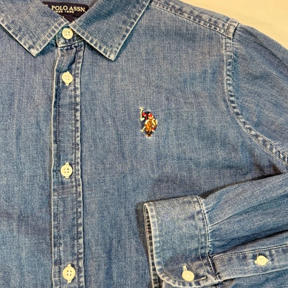 US Polo Assn Boys Denim Button Down Shirt Blue Long Sleeve XL 14-16